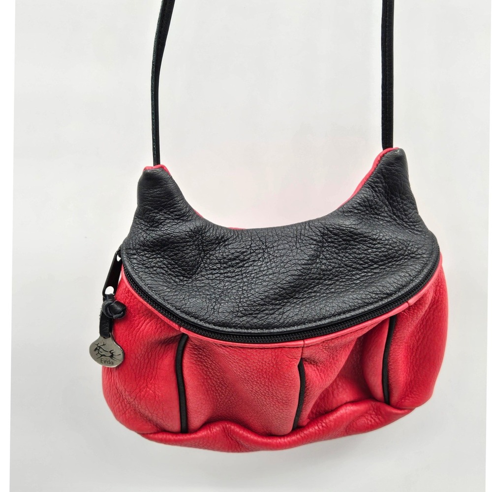 Erda Leather Red Black Pebbled Leather Crossbody Bag Small Handcrafted Maine USA